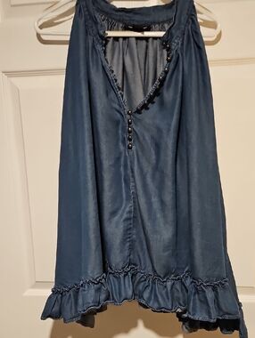 Ashley Stewart Denim-Blue Sleeveless V-Neck Ruffle Tank